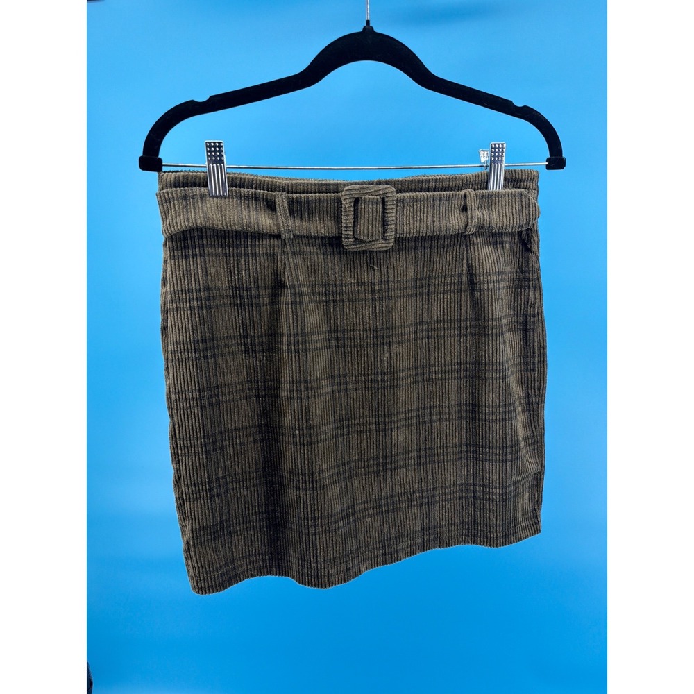 Olive Green Plaid Corduroy Mini Skirt with Belted Waist YS2730 Medium